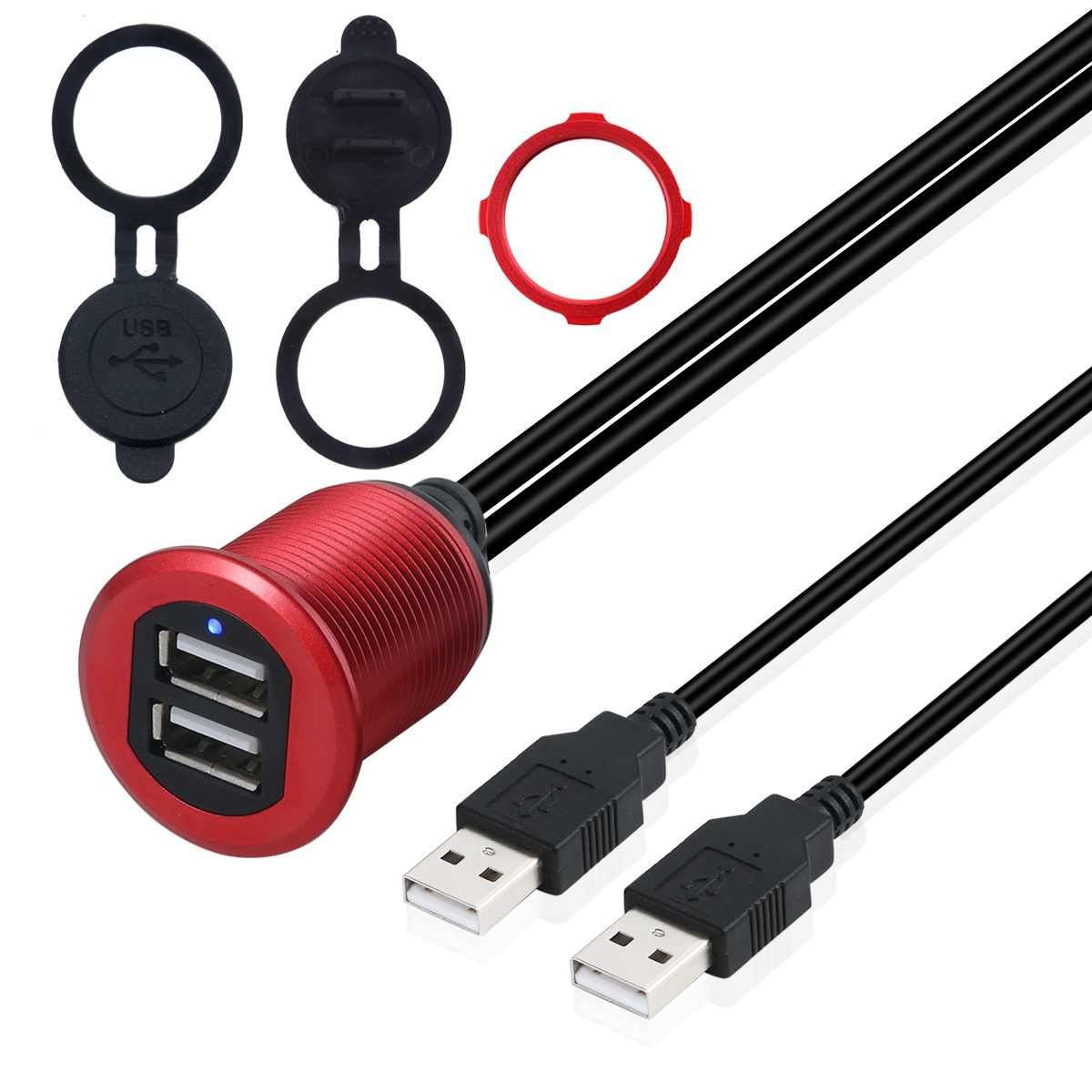 Dual usb 2.0 A male to female extension usb panel mount cable with led light